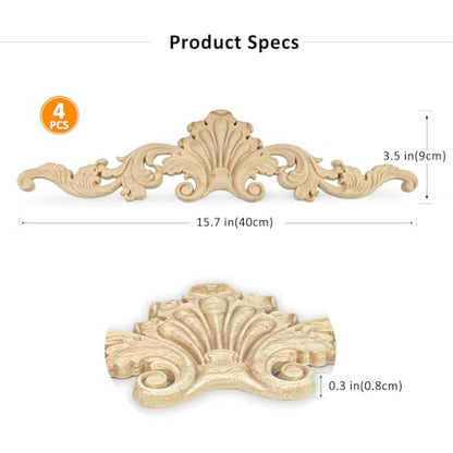 2Pcs Decorative Wood Carved Appliques Onlays, 16 x 4 inch Unpainted Solid Wood Long Carving Decal for Furniture Cabinet Bed Wardrobe Closet DIY Decoration (16x4inch,2PCS) - size: 16x4inch,2PCS