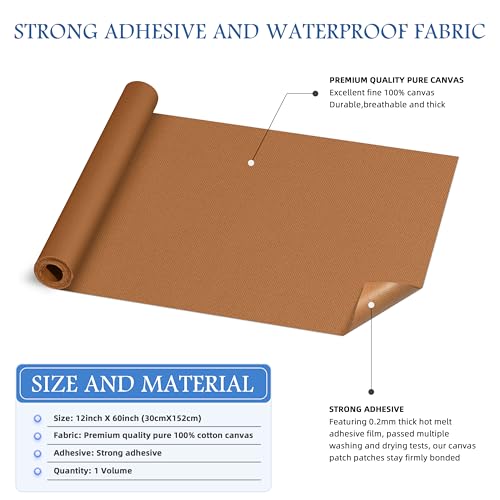 KING MOUNTAIN Canvas Iron on Patch,12"×60",Waterproof 100% Cotton Fabric Repair Patch,Used for Various Sofa,Tent,Clothes,Seats,Suitcases (Brown,Waterproof) - color: Brown, size: Canvas-12x60