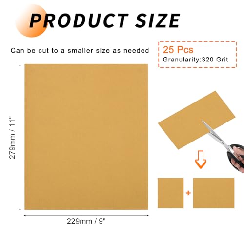 25 Pcs 320 Grit Sandpaper 9 x 11 Inch Sand Paper Alumina Gold - size: 9 x 11 Inch(320 Grit)