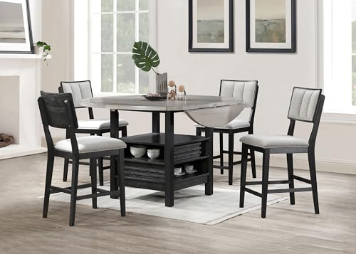5pc Counter Height Dining Set Storage Table Single Pedestal Round Black Gray Natural Grain Integrated Turntable Drop Leaves Built in Shelving Fabric Upholstery Chairs
