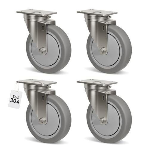 5" Caster Wheels, Stainless Steel Casters Set of 4 Heavy Duty, Anti-Corrosion Rubber Industrial Caster Wheels for Hospitals Food Labs(4 Swivel) - style: 4 Swivel