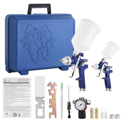 Professional 2-in-1 HVLP Gravity Feed Spray Gun Kit (1.4mm 600ml + 0.8mm 125ml) with Locking Pressure Regulator – Dual-Purpose Automotive & Model Painting Toolbox (Blue)