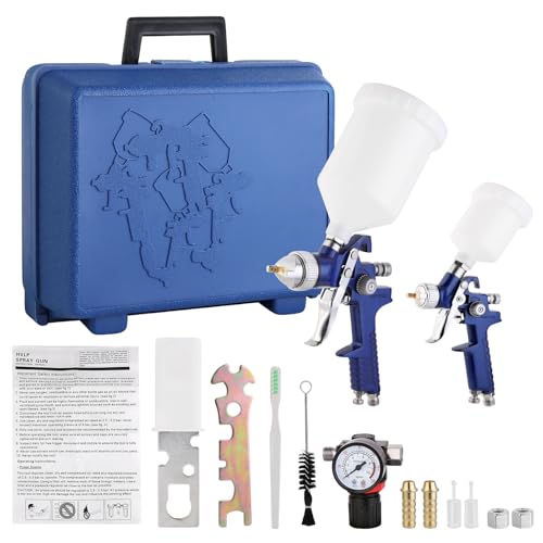 Professional 2-in-1 HVLP Gravity Feed Spray Gun Kit (1.4mm 600ml + 0.8mm 125ml) with Locking Pressure Regulator – Dual-Purpose Automotive & Model Painting Toolbox (Blue)