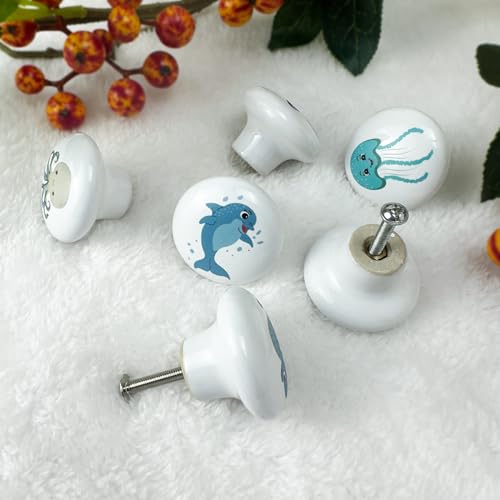 Set of 6 Ceramic Kids Nursery Cute Starfish Turtle Octopus Cabinet Door Handle Dresser Drawer Pulls and Knobs - size: seahorse