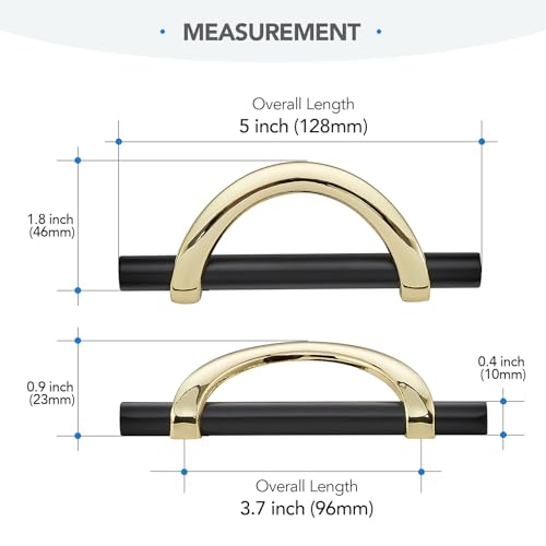 Polished Brass & Matte Black Cabinet Pulls Curved 3-3/4 Inch/96 mm, 10 Pack - color: Gold & Matte Black, size: 3-3/4 Inch Hole Center