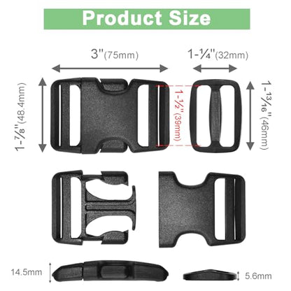 CooBigo 6 Set 1.5 Inch Plastic Quick Release Buckles + 12 pcs Tri-glide Slides - color: Black, size: 1.5"