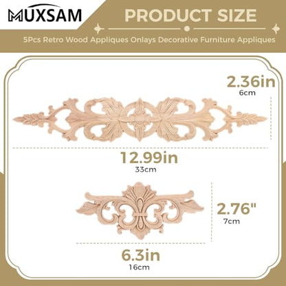 8Pcs Small Wood Appliques Long Decorative Unpainted Onlays Set