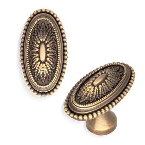 Antique Brass Cabinet Knobs 12PCS, Floral Carved Vintage Drawer Knobs, Elegant Decorative Dresser Hardware for Kitchen Nightstands Vanity Old Furniture Refinishing