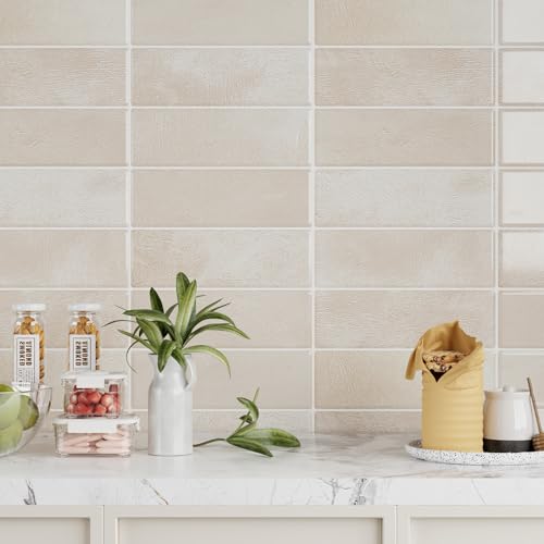 VEELIKE Beige Peel and Stick Backsplash Rectangular Subway Back Splash Stick on Tiles for Kitchen 6 Sheet 12''x12'' Self Adhesive Renter Friendly Backsplash Wall Tile Stickers for Bathroom Powder Room - size: Box of 6 Tiles