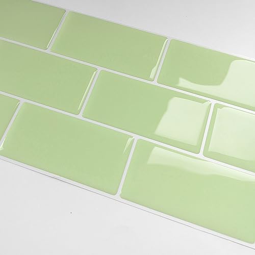 Alwayspon 10 Sheets Green Cream 3D Vinyl Backsplash Subway Sticker Peel and Stick, Self-Adhesive Wall Tile Transfer Wall Sticker Sheets for Kithchen Bathroom, 11.81"x5.12" - color: Dj110