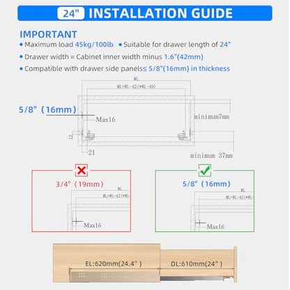 24 Inch Soft Close Undermount Drawer Slides,Full Extension,100 Lbs,1 Pair - size: 24Inch