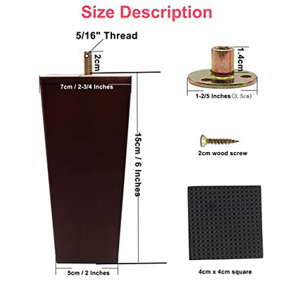 cSeao 4-Pack 6 Inches Wood Furniture Legs, Couch Legs, Sofa Legs, Mid Century, with 5/16 inch Bolts for Couch Ottoman Loveseat Coffee Table Cabinet - size: 6 Inches