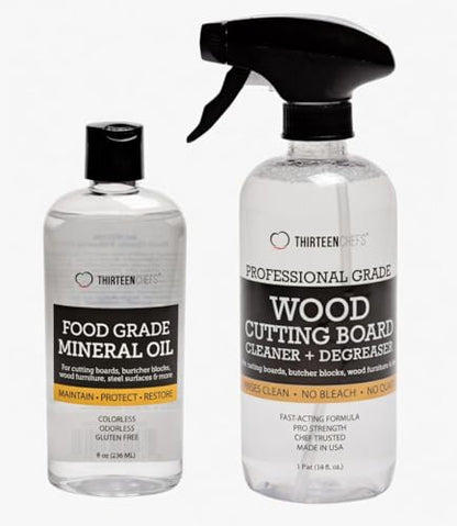 Thirteen Chefs Cutting Board Maintenance Kit - Mineral Oil 8oz & Wood Cleaner Spray 16oz - Food Grade Butcher Block Conditioner & Cleaner