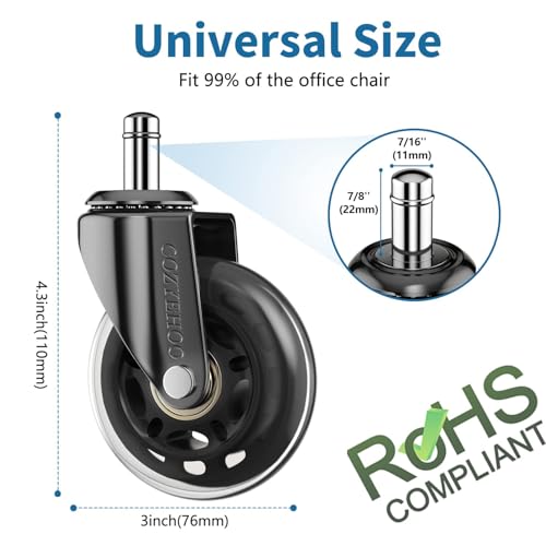 3 Inch Office Chair Wheels Rubber Chair Casters Replacement Heavy-Duty Computer Gaming Desk Caster Wheel, Set of 5