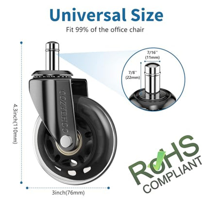 3 Inch Office Chair Wheels Rubber Chair Casters Replacement Heavy-Duty Computer Gaming Desk Caster Wheel, Set of 5