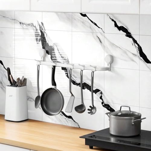 Chejiaye 10pcs Marble Peel and Stick Backsplash Waterproof Washroom Wall Panels, Peel and Stick Tile, PVC Foam Wall Panels for Kitchen,Bathroom,living room,White and Black(Not Real Tile,11.8" x 11.8") - color: White and Black, size: 11.8" x 11.8" x 10Pack