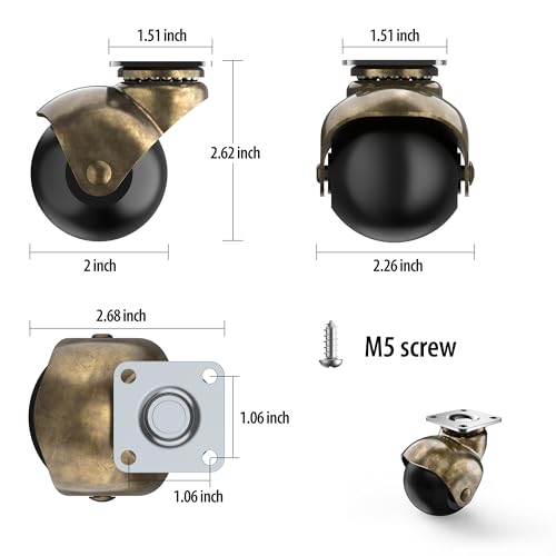 Ball casters 2 inch Without Brake, Antique Brass Casters, Vintage Caster Wheels, Swivel Plate Caster Set of 4 for Furniture, Sofa, Coffee Table, Cabinet, Kitchen Cart - style: 4 Without Brake