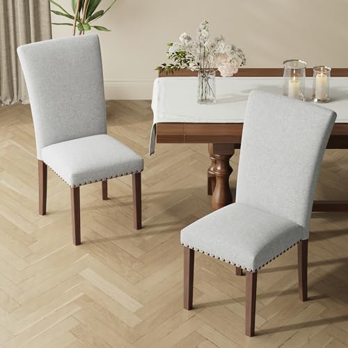 COLAMY Upholstered Parsons Dining Chairs Set of 4, Fabric Dining Room Kitchen Side Chair with Nailhead Trim and Wood Legs - Light Grey - color: F-lightgrey, size: Set of 4