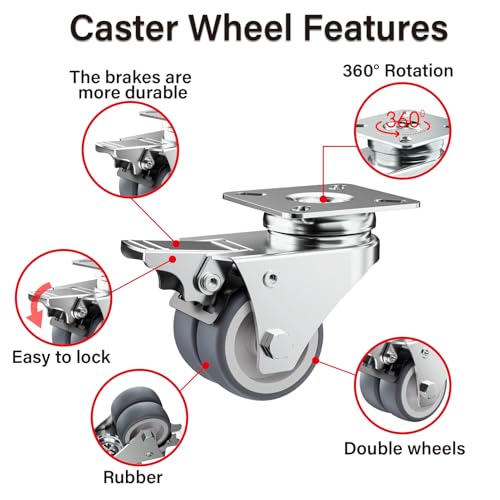2" Double Wheel Casters with Brake (4 Pack) - color: Grey