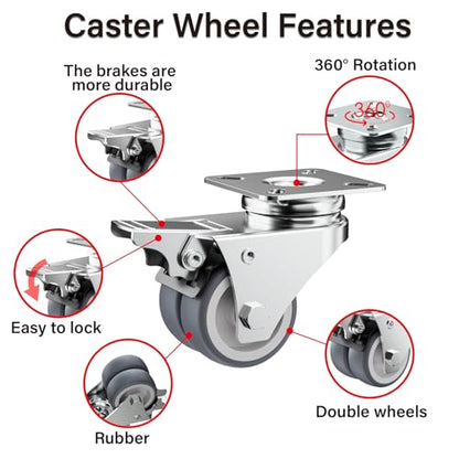 2" Double Wheel Casters with Brake (4 Pack) - color: Grey