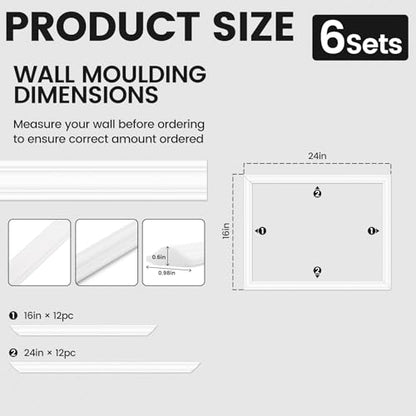 6 Sets Peel and Stick Wall Molding Kit, 16x24 Inch Premade Wainscoting Frames - color: 16''x24''-6pack