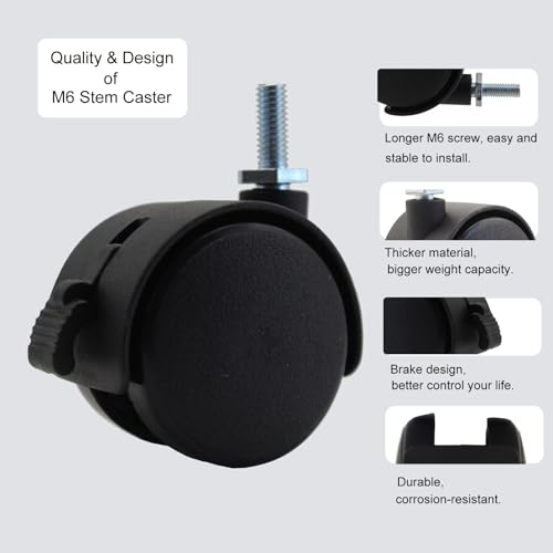 4pcs 1.5 Inch M6 Threaded Stem Swivel Caster Wheels Universal 360 Degrees Rotatable Caster Replacement with Locking Brake for Rolling Small Furniture Desk Cabinet Shelf, Load Capacity 66Lb