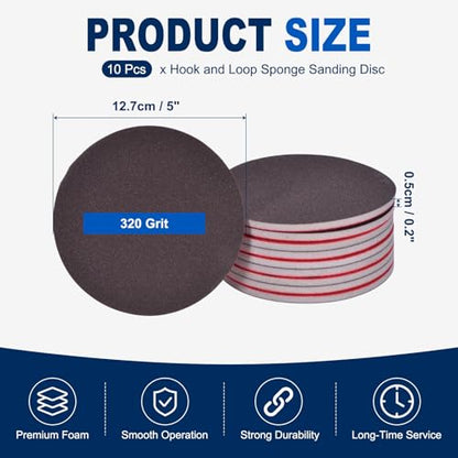 10Pcs 5 Inch Hook and Loop Sponge Sanding Disc, 320 Grit - size: 5 Inch 320 Grit
