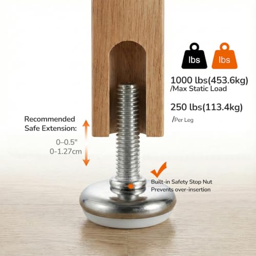 M8 Heavy Duty Furniture Levelers 4-Pack with T-Nut Inserts & Rubber Pads