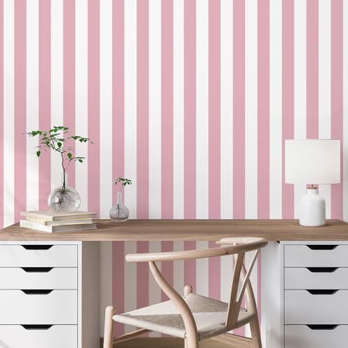 Pink and White Striped Peel and Stick Wallpaper 17.3"x1200" - color: Pink, size: 17.3" x 1200"
