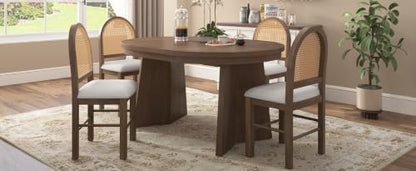 5-Piece Extendable Dining Table Set with 4 Rattan Back Chairs, Walnut - color: Beige,walnut