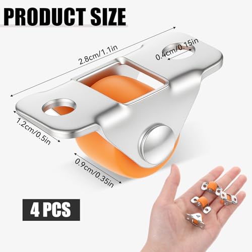 Mini Fixed Drawer Rubber Caster Wheels, 4 Packs 0.5 Inch Non Swivel Small Rigid Low Profile Roller Castors, Heavy-Duty Steel Frame, for Home Furniture and Under-Bed Storage, with 10 Screws, Orange