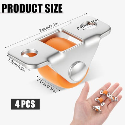 Mini Fixed Drawer Rubber Caster Wheels, 4 Packs 0.5 Inch Non Swivel Small Rigid Low Profile Roller Castors, Heavy-Duty Steel Frame, for Home Furniture and Under-Bed Storage, with 10 Screws, Orange