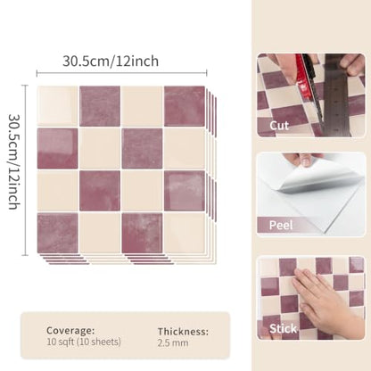 10 Sheets Upgraded Thicker Design Tile Peel and Stick Backsplash - color: Pink
