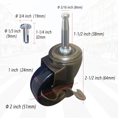 2.0 Inch Antique Caster Wheels, Furniture Wheels 5/16 Inch x 1-1/2 Inch (8 x 38mm) Stem Caster for Furniture Sofa Chair Cabinet Set of 4 - style: 2.0 inch with Brake