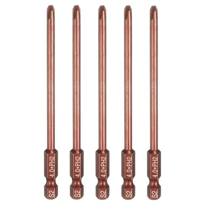 HARFINGTON 5pcs #2 Phillips Screwdriver Bit PH2 1/4" Hex Shank 4" (100mm) Long 0.16" Rod Magnetic Cross Head Drive Drill Bits S2 Steel Industrial Screw Driver Electric Power Tool, Brown - size: PH2 x 4" x 0.16"