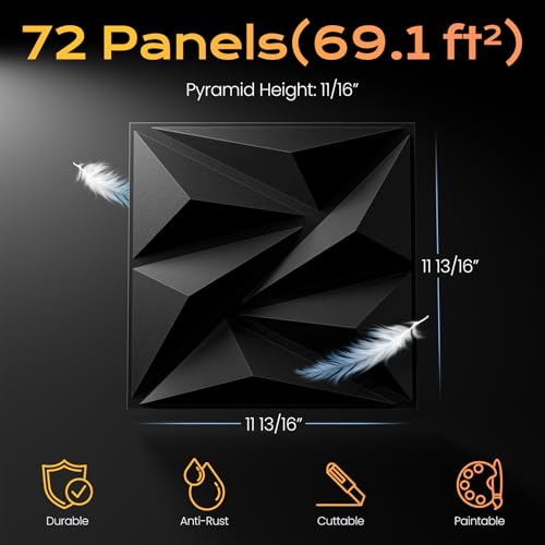 Sonicism Wall Panels 72Pack,0.7"x11.8"x11.8"3D Wall Panels Creative Cutting - color: Charcoal Black, size: 72 Pack (69.12 Sq Ft)