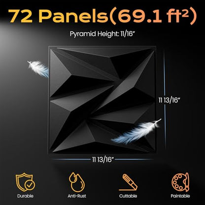 Sonicism Wall Panels 72Pack,0.7"x11.8"x11.8"3D Wall Panels Creative Cutting - color: Charcoal Black, size: 72 Pack (69.12 Sq Ft)