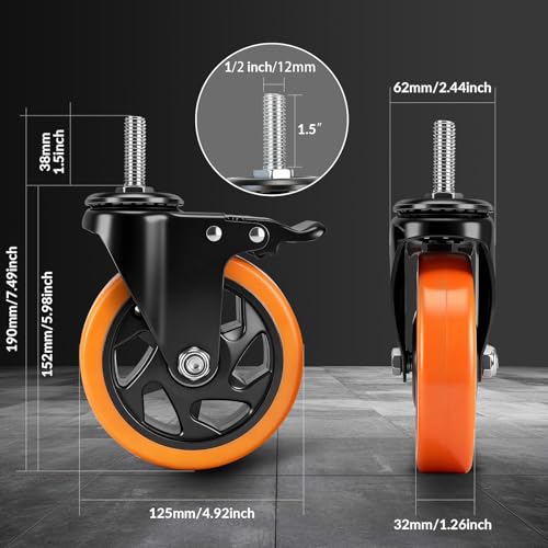 5 Inch Caster Wheels,Threaded Stem Casters Set of 4 Heavy Duty with Brake - size: 5"8pack