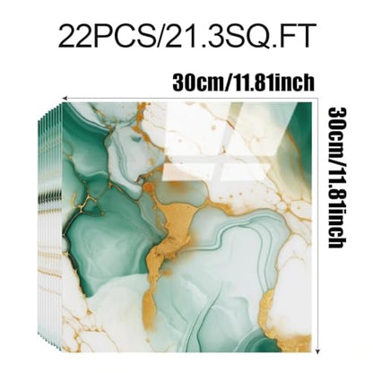 Chejiaye 22pcs Marble Peel and Stick Backsplash Waterproof Washroom Wall Panels, Peel and Stick Tile, PVC Foam Wall Panels for Kitchen,Bathroom,Living Room,Green and Gold(Not Real Tile,11.8" x 11.8") - color: Green and Gold, size: 11.8" x 11.8" x 22Pack