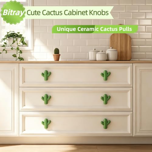 Bitray 6 PCS Green Cactus Ceramic Drawer Pulls Cabinet Knobs for Dresser