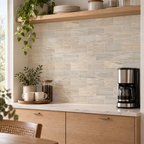 StyloVue 100 Pieces Peel and Stick Backsplash for Kitchen, 3" x 6" PVC Subway Tile Upgraded Grayish Beige with Gray Grout Backsplash Stick on Tile Elevate Kitchen, Bathroom, Fireplace,RV - color: Grayish Beige