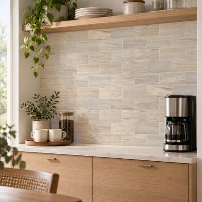 StyloVue 100 Pieces Peel and Stick Backsplash for Kitchen, 3" x 6" PVC Subway Tile Upgraded Grayish Beige with Gray Grout Backsplash Stick on Tile Elevate Kitchen, Bathroom, Fireplace,RV - color: Grayish Beige