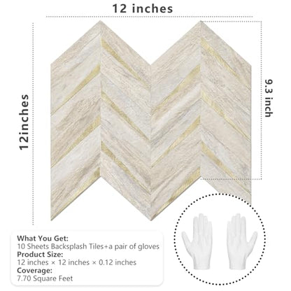 STICKGOO Herringbone Tile Peel and Stick Backsplash for Kitchen&Bathroom - color: Sunny Beige Mixed Metal Gold