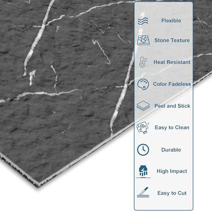 40-Sheet Flexible Stone Peel and Stick Backsplash Tile, 3" x 11.8" Black Marquina MCM Modified Clay Material Wall Covering, Subway Texture Self-Adhesive Wall Tiles for Kitchen Bathroom Fireplace - color: Black Marquina