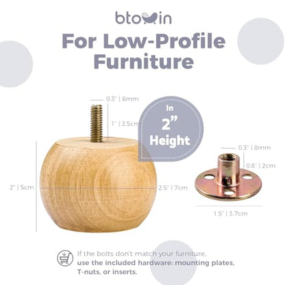 2 inch /5cm Solid Wood Furniture Legs,4Pcs Varnish Small Round Sofa Legs,Minimalist Modern Wooden Replacement Bun Feet with M8 Bolt &Mounting Plate for Bed Couch Dresser Cupboard Cabinet Ottoman - color: Varnish