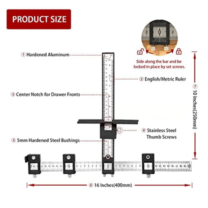Cabinet Hardware Jig, Aluminum Alloy Cabinet Handle Jig Tool for Fast and Accurate Installation of Door Handles and Drawer Front Knobs, Pulls(with Automatic Center Punch and 4 Drill Bits)