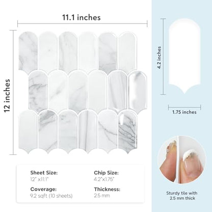 Vamos Tile Peel and Stick Backsplash,Thicker Design, Statuary White,10 pcs - color: Statury White with White Grout