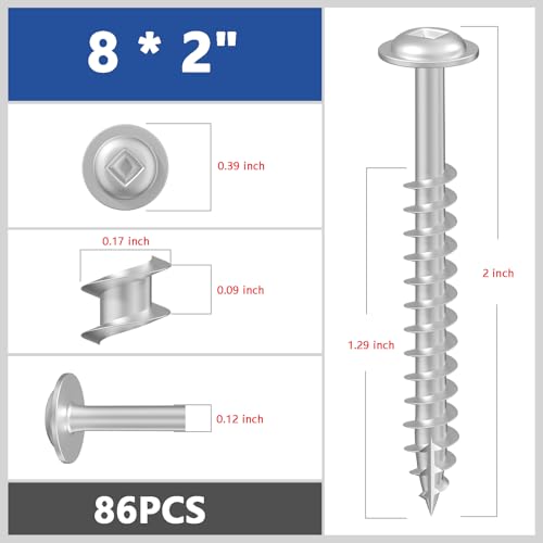 Wensilon Pocket Hole Screws, #8 x 2, Square Drive, White, 1lbs 86pcs - color: Silver, size: 8*2"
