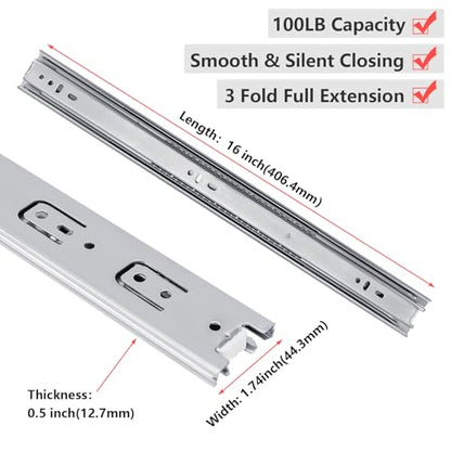 homdiy Side Mount Drawer Slides 16 Inch 6 Pairs Heavy Duty 100 LB Capacity - size: 16 Inch