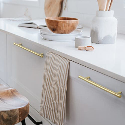 6-Pack Solid Brass Kitchen Cabinet Pulls, Gold Modern T-Bar Handles, 3-Inch Hole Center Hammered Handles for Dresser Drawer Cupboard, 4-13/16 Inch Total Length, Polished Finish - size: 3 Inch(76mm) Hole Centers